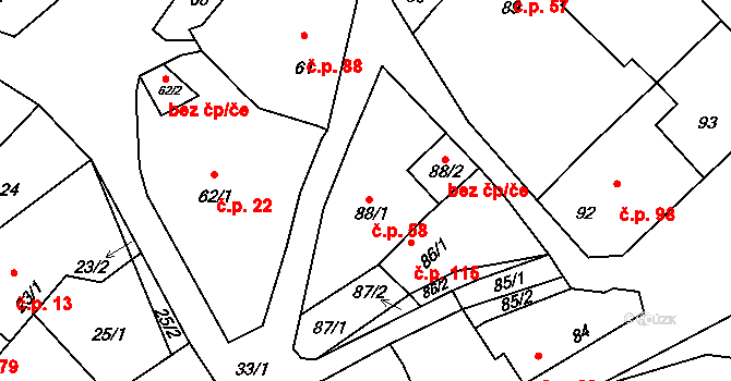 Habrůvka 58 na parcele st. 88/1 v KÚ Habrůvka, Katastrální mapa