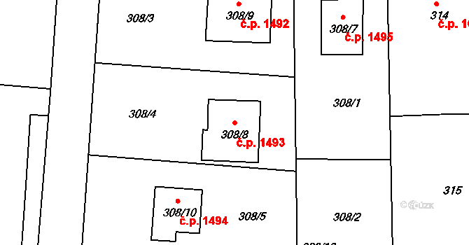 Příbor 1493 na parcele st. 308/8 v KÚ Klokočov u Příbora, Katastrální mapa