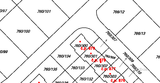 Letňany 879, Praha na parcele st. 760/300 v KÚ Letňany, Katastrální mapa