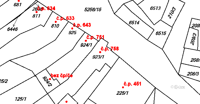 Velké Bílovice 758 na parcele st. 923/1 v KÚ Velké Bílovice, Katastrální mapa