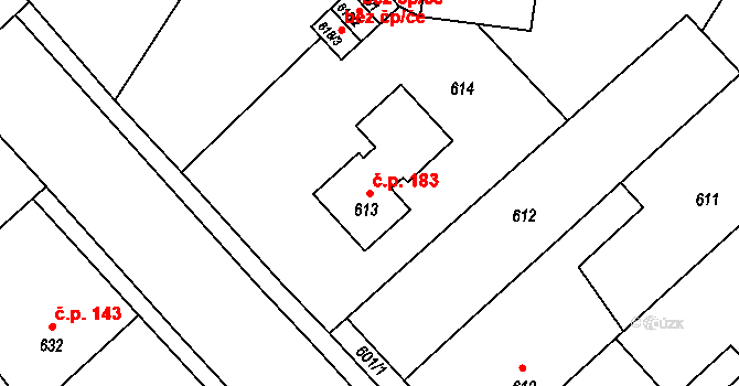 Bedihošť 183 na parcele st. 613 v KÚ Bedihošť, Katastrální mapa