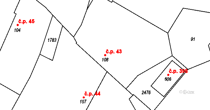 Tymákov 43 na parcele st. 108 v KÚ Tymákov, Katastrální mapa