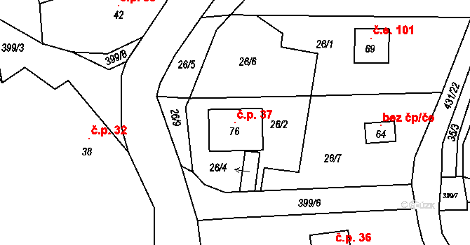 Rtyně 37, Zaloňov na parcele st. 76 v KÚ Rtyně, Katastrální mapa