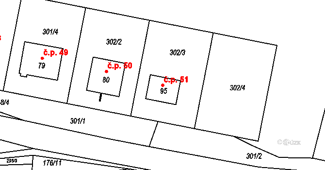Čtyři Dvory 51, Prosetín na parcele st. 95 v KÚ Čtyři Dvory, Katastrální mapa