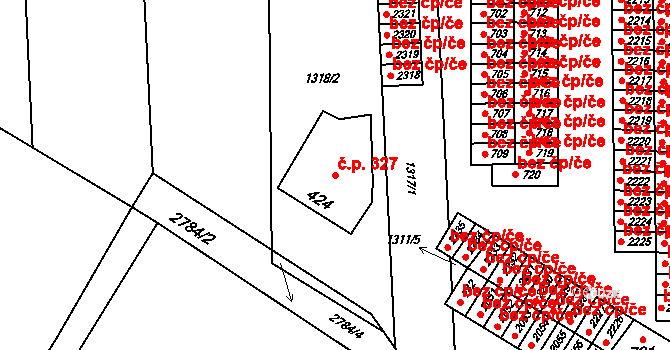 Hranice IV-Drahotuše 327, Hranice na parcele st. 424 v KÚ Drahotuše, Katastrální mapa