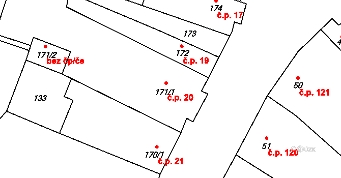 Rožďalovice 20 na parcele st. 171/1 v KÚ Rožďalovice, Katastrální mapa