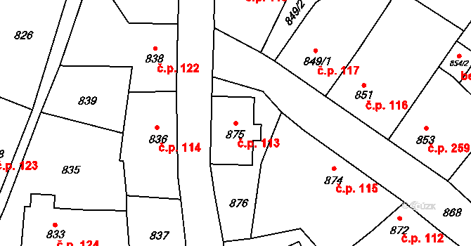 Doksy 113 na parcele st. 875 v KÚ Doksy u Máchova jezera, Katastrální mapa