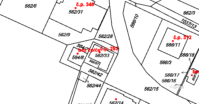 Tetčice 253 na parcele st. 562/33 v KÚ Tetčice, Katastrální mapa