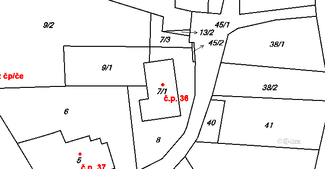 Fryčovice 36 na parcele st. 7/1 v KÚ Fryčovice, Katastrální mapa