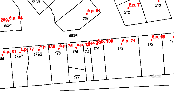 Bystrovany 72 na parcele st. 175 v KÚ Bystrovany, Katastrální mapa