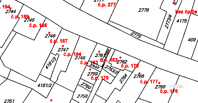 Roudnice nad Labem 182 na parcele st. 2761 v KÚ Roudnice nad Labem, Katastrální mapa