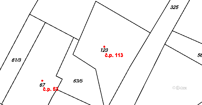 Kozojedy 113 na parcele st. 123 v KÚ Kozojedy u Žlunic, Katastrální mapa