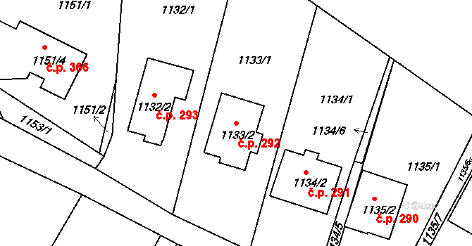 Brná 292, Ústí nad Labem na parcele st. 1133/2 v KÚ Brná nad Labem, Katastrální mapa