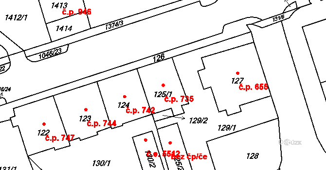 Kadaň 735 na parcele st. 125/1 v KÚ Kadaň, Katastrální mapa