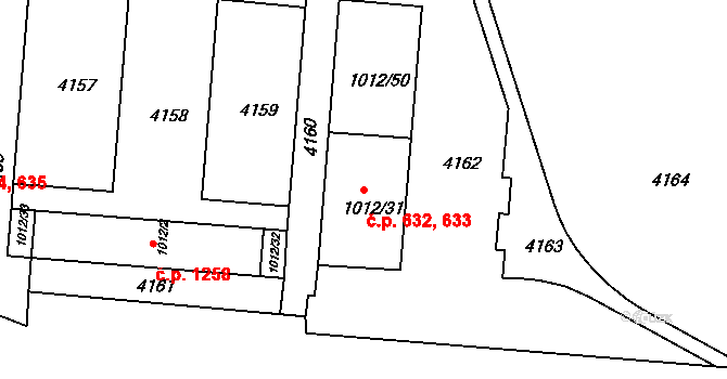 Komín 632,633, Brno na parcele st. 1012/31 v KÚ Komín, Katastrální mapa