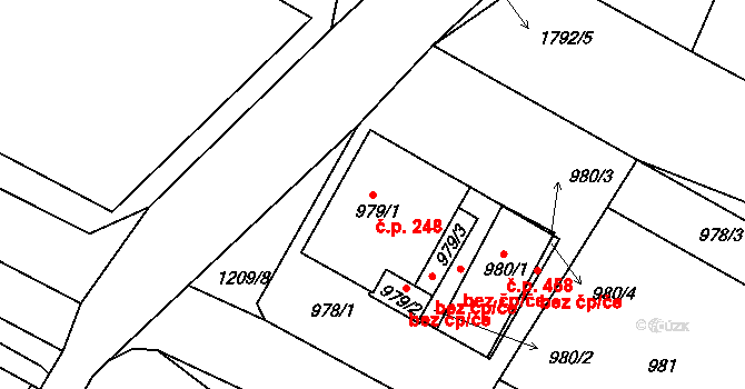 Hostomice 248 na parcele st. 979/1 v KÚ Hostomice pod Brdy, Katastrální mapa