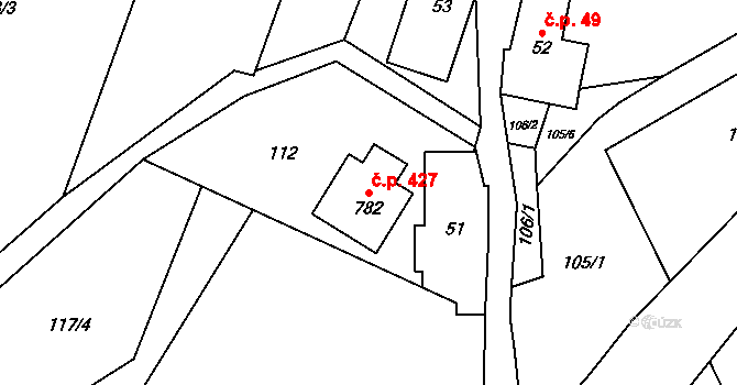 Dolní Bečva 427 na parcele st. 782 v KÚ Dolní Bečva, Katastrální mapa