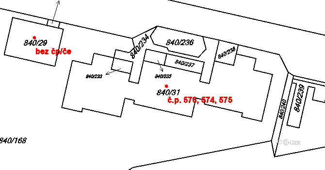 Bohnice 574,575,576, Praha na parcele st. 840/31 v KÚ Bohnice, Katastrální mapa