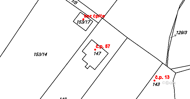 Skuhrov 57, Velký Borek na parcele st. 147 v KÚ Skuhrov u Mělníka, Katastrální mapa