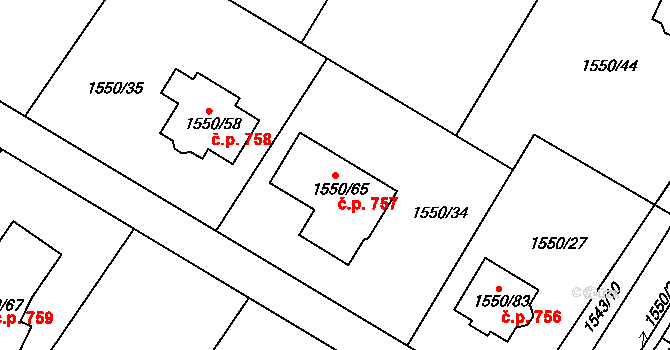 Miřetice u Klášterce nad Ohří 757, Klášterec nad Ohří na parcele st. 1550/65 v KÚ Miřetice u Klášterce nad Ohří, Katastrální mapa