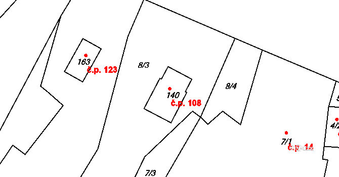 Olešnice 108 na parcele st. 140 v KÚ Olešnice nad Cidlinou, Katastrální mapa