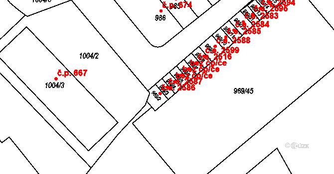 Znojmo 2587 na parcele st. 969/3 v KÚ Znojmo-město, Katastrální mapa