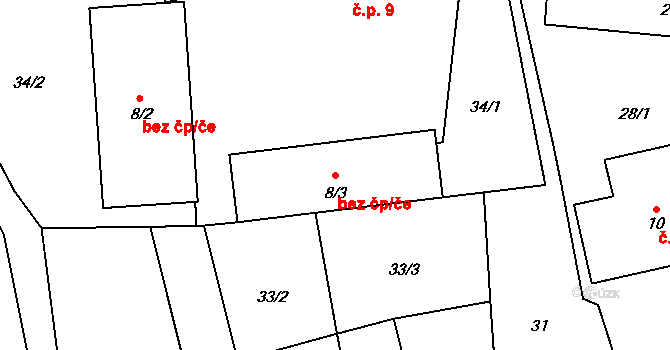 Všeruby 45766339 na parcele st. 8/3 v KÚ Chrančovice, Katastrální mapa