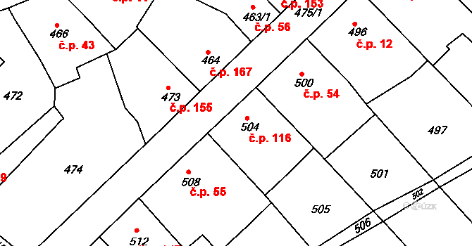 Vícemilice 116, Bučovice na parcele st. 504 v KÚ Vícemilice, Katastrální mapa