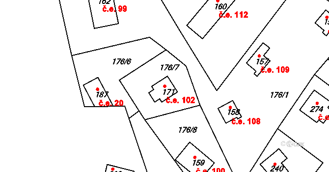 Kraskov 102, Seč na parcele st. 171 v KÚ Kraskov, Katastrální mapa