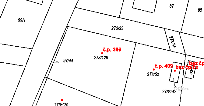 Křeslice 386, Praha na parcele st. 273/128 v KÚ Křeslice, Katastrální mapa