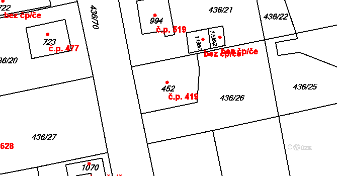 Šťáhlavy 419 na parcele st. 452 v KÚ Šťáhlavy, Katastrální mapa