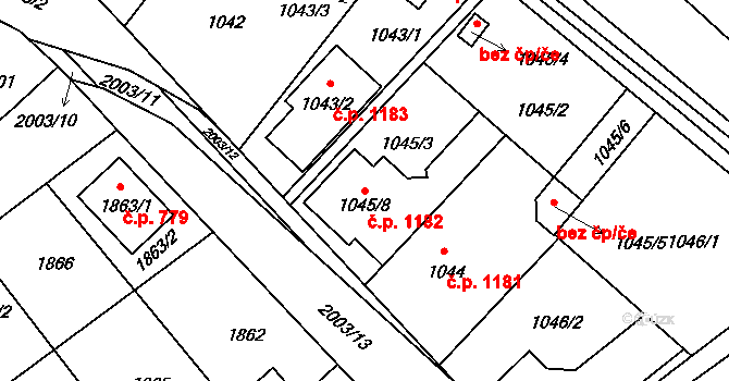 Hustopeče 1182 na parcele st. 1045/8 v KÚ Hustopeče u Brna, Katastrální mapa