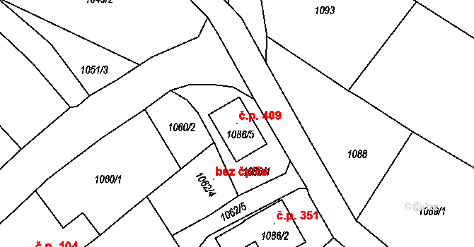 Darkovičky 409, Hlučín na parcele st. 1086/5 v KÚ Darkovičky, Katastrální mapa