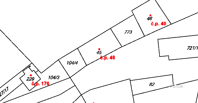 Kostelní Hlavno 48 na parcele st. 45 v KÚ Kostelní Hlavno, Katastrální mapa