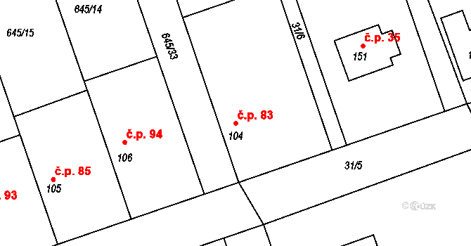 Hořešovice 83 na parcele st. 104 v KÚ Hořešovice, Katastrální mapa