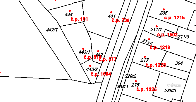 Švermov 577, Kladno na parcele st. 442 v KÚ Motyčín, Katastrální mapa