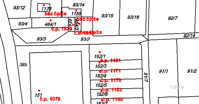 Švermov 1181, Kladno na parcele st. 152/1 v KÚ Hnidousy, Katastrální mapa