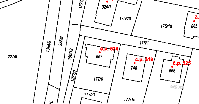 Raškovice 524 na parcele st. 667 v KÚ Raškovice, Katastrální mapa