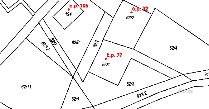 Kamýk 77 na parcele st. 88/1 v KÚ Kamýk u Litoměřic, Katastrální mapa