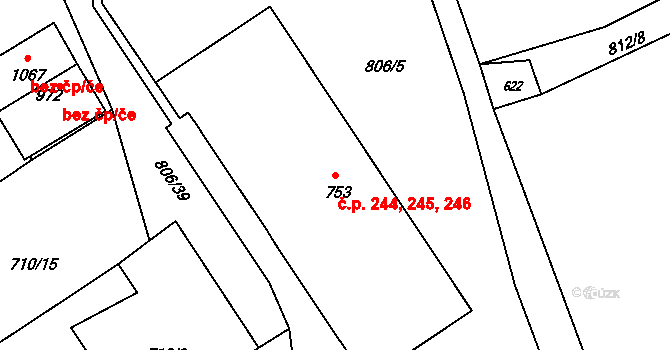 Děčín IX-Bynov 244,245,246, Děčín na parcele st. 753 v KÚ Bynov, Katastrální mapa