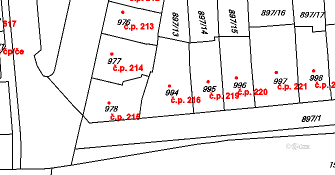 Horka-Domky 216, Třebíč na parcele st. 994 v KÚ Třebíč, Katastrální mapa