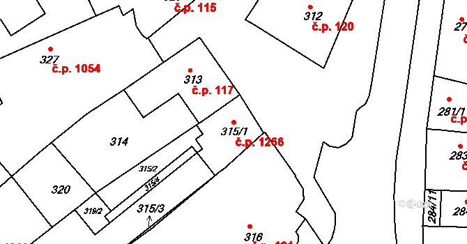 Komín 1266, Brno na parcele st. 315/1 v KÚ Komín, Katastrální mapa
