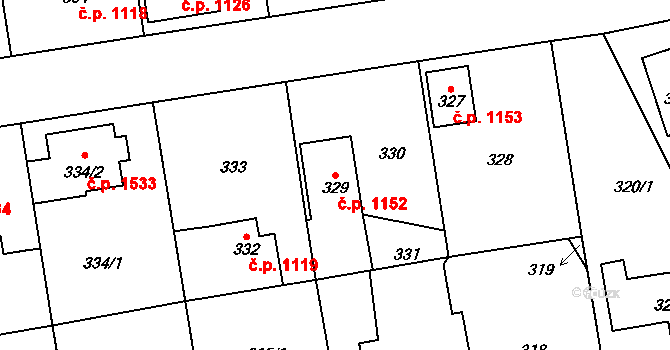 Dubeč 1152, Praha na parcele st. 329 v KÚ Dubeč, Katastrální mapa