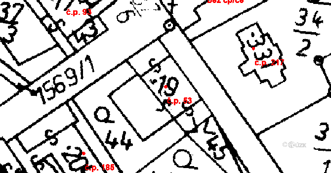 Popelín 53 na parcele st. 19 v KÚ Popelín, Katastrální mapa