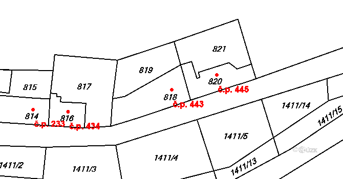 Řeporyje 443, Praha na parcele st. 818 v KÚ Řeporyje, Katastrální mapa
