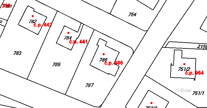 Ruzyně 486, Praha na parcele st. 786 v KÚ Ruzyně, Katastrální mapa