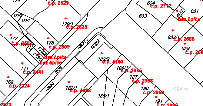 Chomutov 4103 na parcele st. 182/2 v KÚ Chomutov II, Katastrální mapa