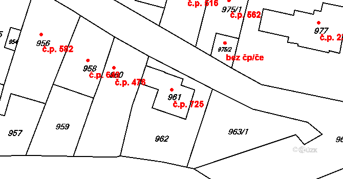 Střelice 725 na parcele st. 961 v KÚ Střelice u Brna, Katastrální mapa