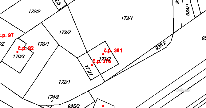 Huštěnovice 361 na parcele st. 171/2 v KÚ Huštěnovice, Katastrální mapa