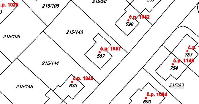 Rudná 1057 na parcele st. 587 v KÚ Hořelice, Katastrální mapa